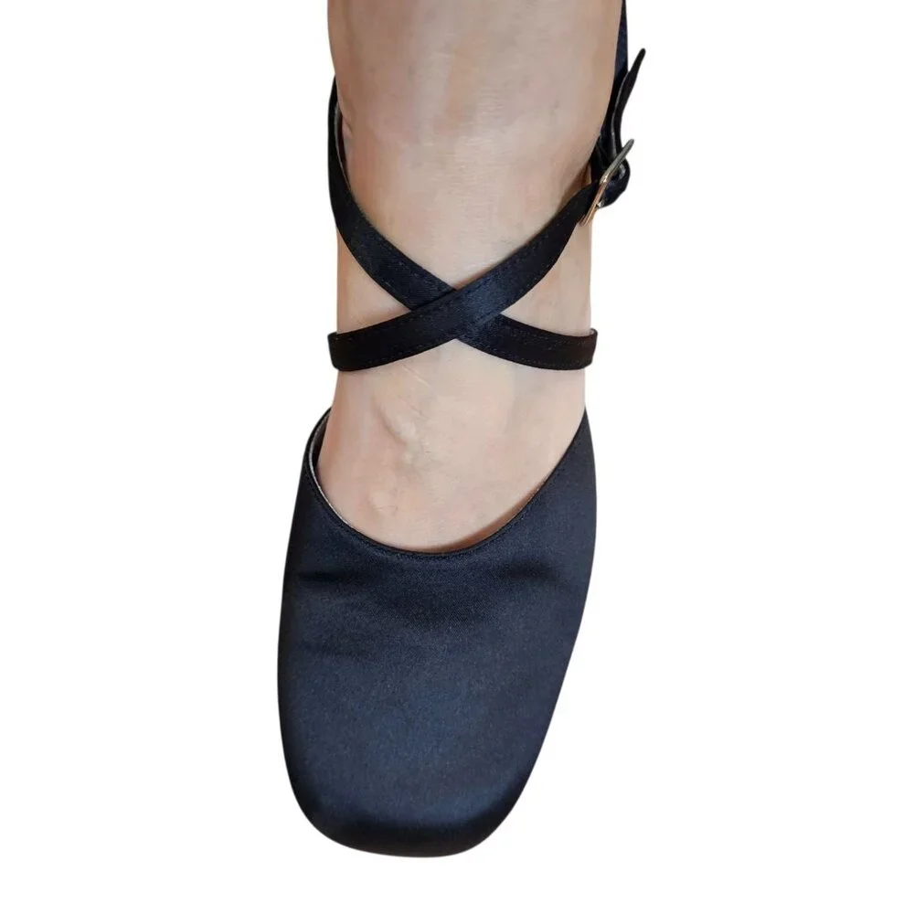 90s Y2K Chunky Heel Square Toe Strappy Mule Black‎ Satin Business Sz 9 2.5
